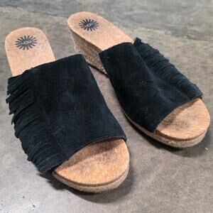 Ugg Women US 9 EU 40 Danes Wedge Heels Black Suede Fringe 1014957 western